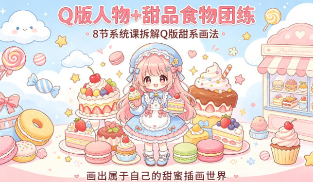 Q版人物+甜品食物团练，8节系统课拆解Q版甜系画法，画出属于自己的甜蜜插画世界-源创文化-逐光轻创终点站