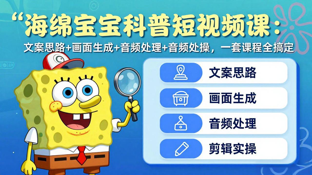 海绵宝宝科普短视频课：文案思路+画面生成+音频处理+剪辑实操，一套课程全搞定-源创文化-逐光轻创终点站