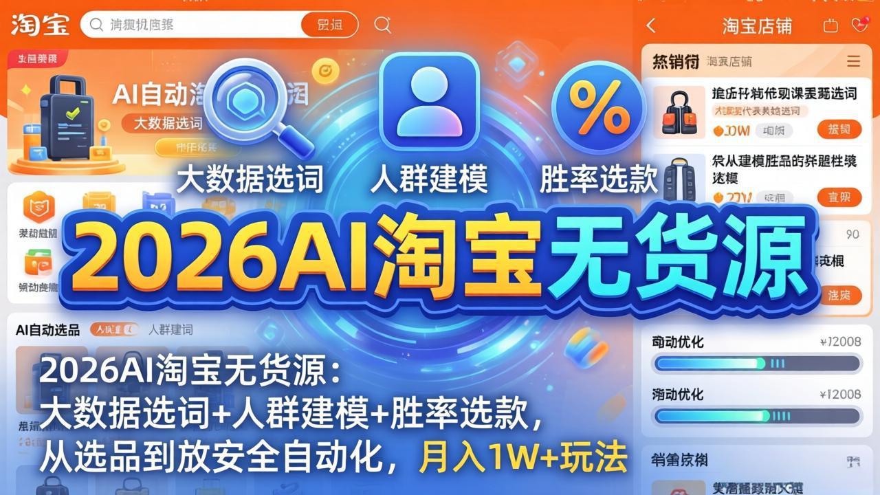 2026AI淘宝无货源：大数据选词+人群建模+胜率选款，从选品到放大全自动化，月入1W+玩法-源创文化-逐光轻创终点站