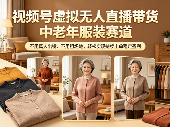 视频号虚拟无人直播带货中老年服装赛道，不用真人出镜、不用租场地，轻松实现持续出单稳定盈利-源创文化-逐光轻创终点站