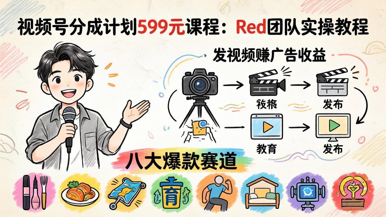 视频号分成计划599元课程：Red团队实操教程，发视频赚广告收益，八大爆款赛道全掌握-源创文化-逐光轻创终点站