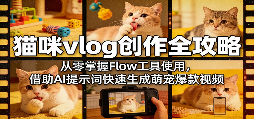 猫咪vlog创作全攻略：从零掌握Flow工具使用，借助AI提示词快速生成萌宠爆款视频-源创文化-逐光轻创终点站