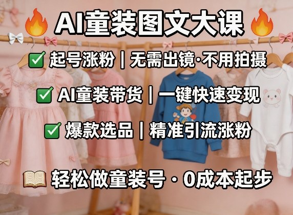 AI童装图文剪辑，某社群童装图文大课，起号涨粉、AI童装带货、爆款选品，无需出镜和拍摄-源创文化-逐光轻创终点站