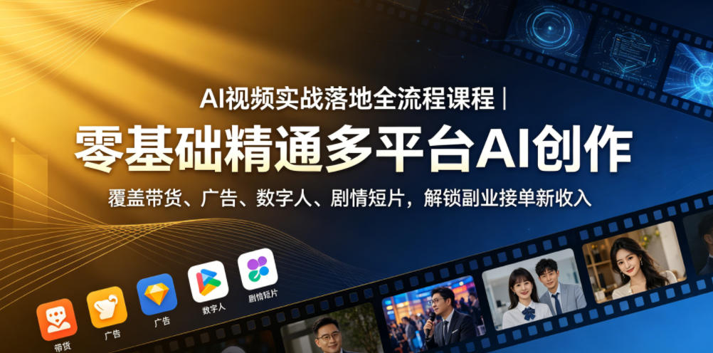 AI视频实战落地全流程课程|零基础精通多平台AI创作,覆盖带货、广告、数字人、剧情短片,解锁副业接单新收入-源创文化-逐光轻创终点站