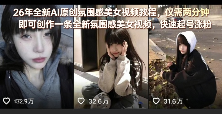 26年全新AI原创氛围感美女视频教程，仅需两分钟即可创作一条全新氛围感美女视频，快速起号涨粉-源创文化-逐光轻创终点站