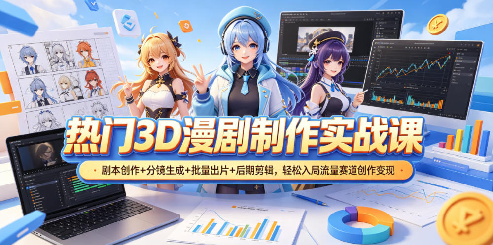 热门3D漫剧制作实战课,剧本创作+分镜生成+批量出片+后期剪辑,轻松入局流量赛道创作变现-源创文化-逐光轻创终点站