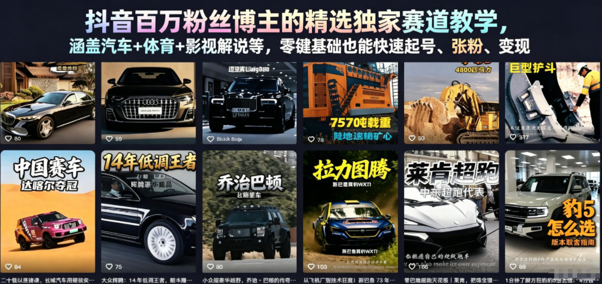 抖音百万粉丝博主的精选独家赛道教学，涵盖汽车+体育+影视解说等，零基础也能快速起号、涨粉、变现-源创文化-逐光轻创终点站