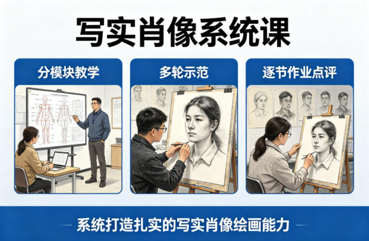 写实肖像系统课，全程分模块教学+多轮示范+逐节作业点评，系统打造扎实的写实肖像绘画能力-源创文化-逐光轻创终点站