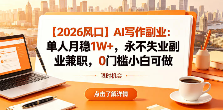 【2026风口】AI写作副业:单人月稳1W+,永不失业副业兼职,0门槛小白可做【揭秘】-源创文化-逐光轻创终点站