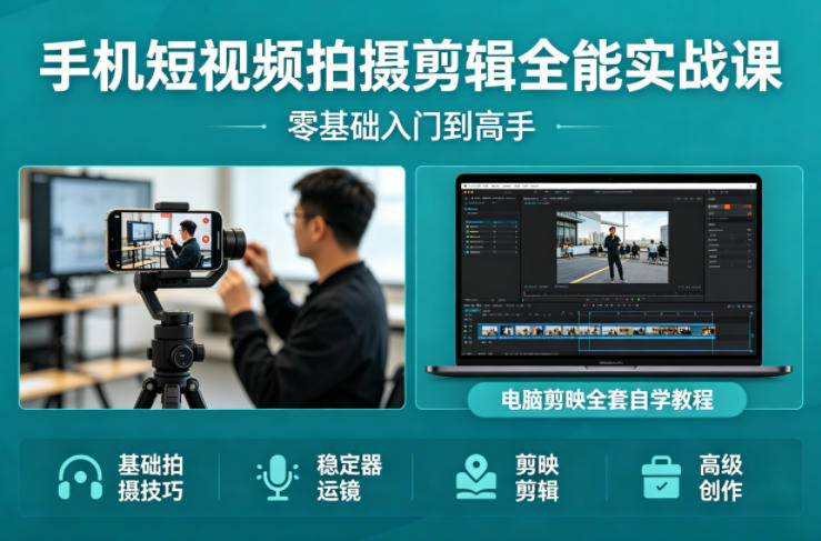 手机短视频拍摄剪辑全能实战课：零基础入门到高手，稳定器运镜+电脑剪映全套自学教程-源创文化-逐光轻创终点站