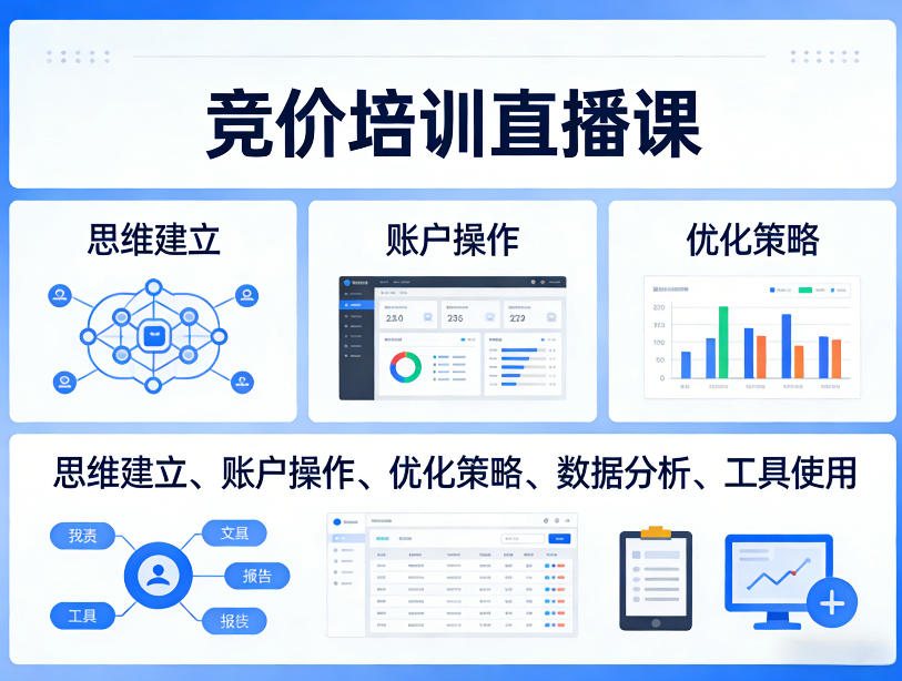 竞价培训直播课，覆盖思维建立、账户操作、优化策略、数据分析、工具使用等，全方位提升效果-源创文化-逐光轻创终点站