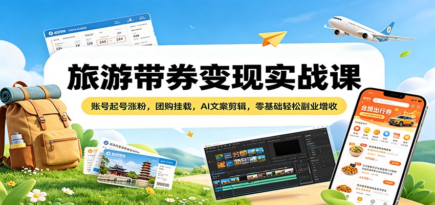 旅游带券变现实战课：账号起号涨粉，团购挂载，AI文案剪辑，零基础轻松副业增收-源创文化-逐光轻创终点站