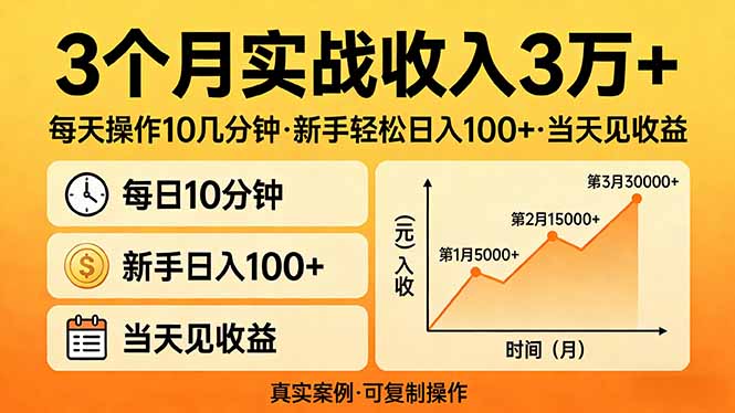 3个月实战收入3万+，每天操作10几分钟，新手轻松日入100+，当天见收益-源创文化-逐光轻创终点站
