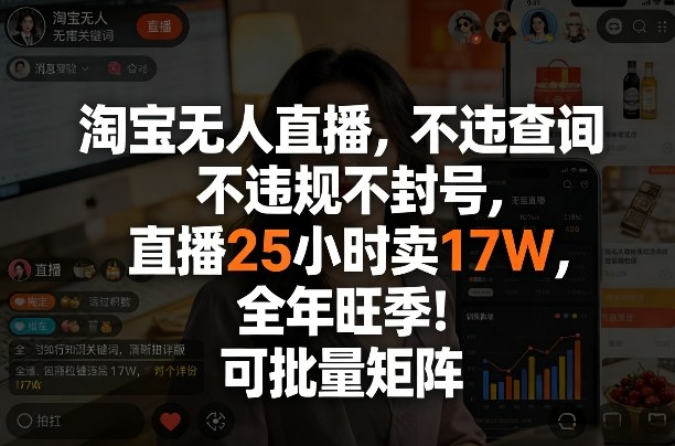 淘宝无人直播，不违规不封号，直播25小时卖17W，全年旺季！可批量矩阵【揭秘】-源创文化-逐光轻创终点站