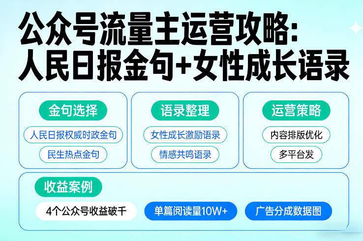利用人民日报金句+女性成长语录做公众号流量主，4个公众号收益破千-源创文化-逐光轻创终点站