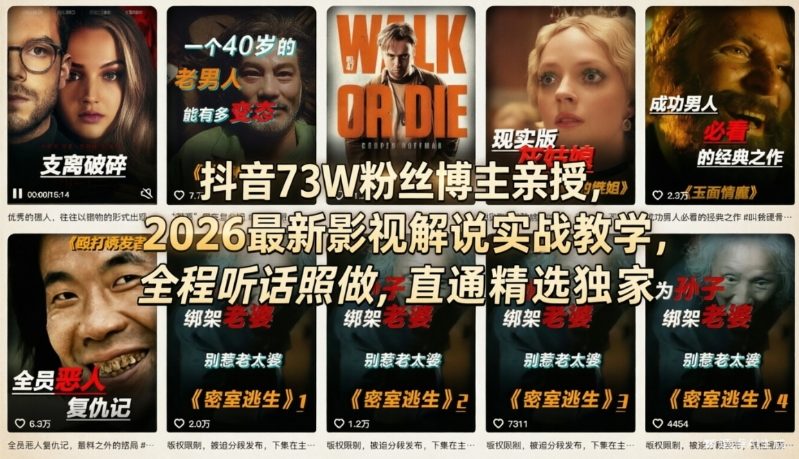 抖音73W粉丝博主亲授，2026最新影视解说实战教学，全程听话照做，直通精选独家-源创文化-逐光轻创终点站